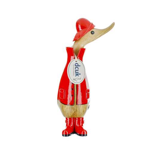 Wooden duckling in vibrant red raincoat and hat, crafted from sustainable bamboo wood, perfect eco-friendly gift and whimsical décor.