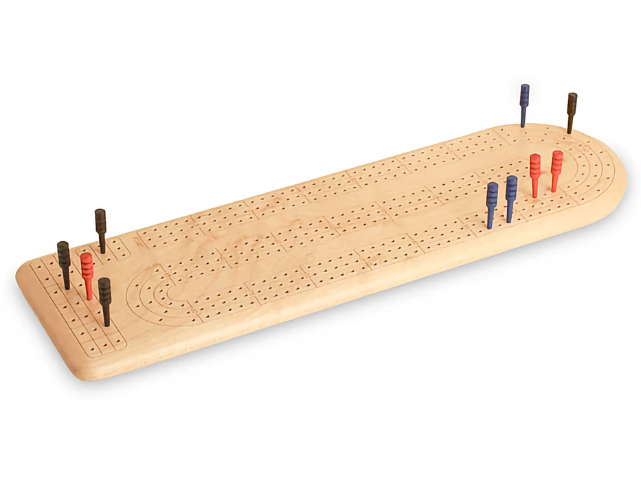 Continuous 3-track cribbage board in Birdseye maple wood with colorful wooden pegs and storage."