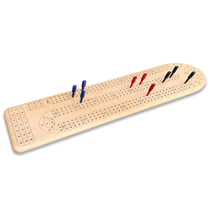 Continuous three-track cribbage board   with colorful wooden pegs