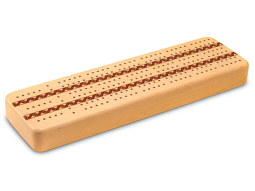 Maple three-track cribbage board with wood inlay and storage compartment for pegs and cards