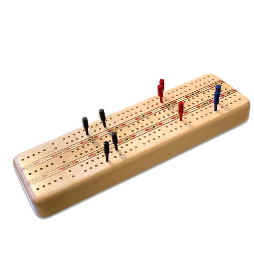 Wooden cribbage set for two players, crafted from maple with wood inlay, storage for pegs, cards, and instructions.