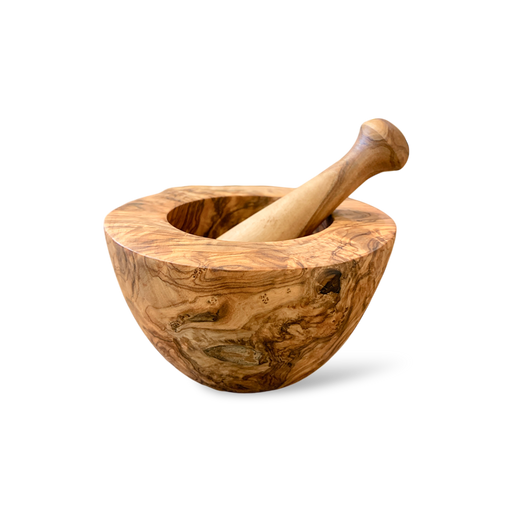 Handcrafted olive wood mortar and pestle, essential for grinding herbs and spices. Made from durable, rich olive wood.