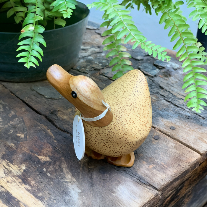 Hand-carved bamboo wood duck with name tag, displayed on rustic wooden surface with green plant background, perfect for collectors.