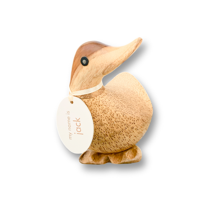 Hand-carved bamboo wood duck with name tag "Jack," a unique artisan-crafted piece for collectors. Sustainable and eco-friendly gift idea.