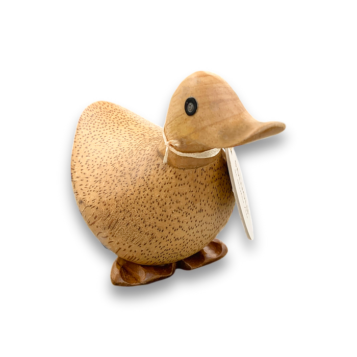 Hand-carved bamboo wood duck with oval name tag.