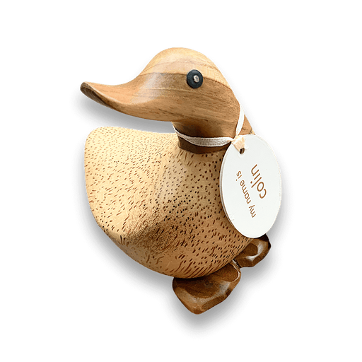 Hand-carved bamboo wood duck with oval name tag, perfect for collectors and enthusiasts, size 5x3.5x5.5 inches.