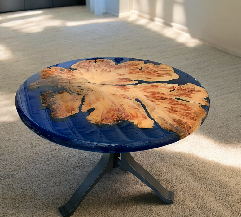 Unique artisan wood and epoxy table with metal base