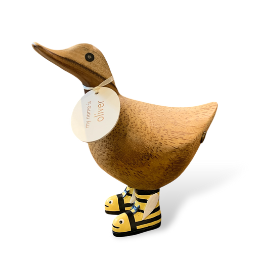 Cute wooden duck with name tag wearing bumblebee-patterned boots.