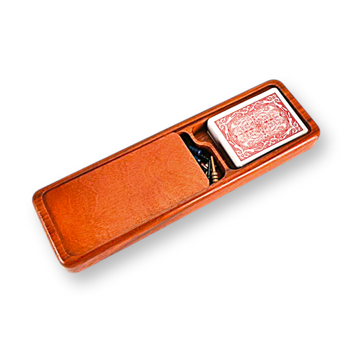 Artisan-made padauk wood cribbage board with a storage compartment for pegs and cards.